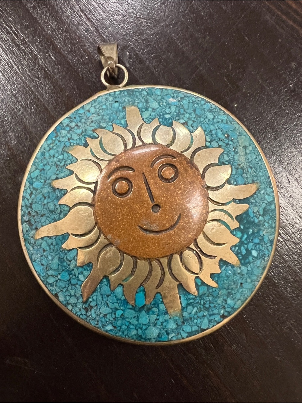 Vintage Mexican Silver, Copper Mixed Turquoise Large 2-Sided Sun Bird Pendant